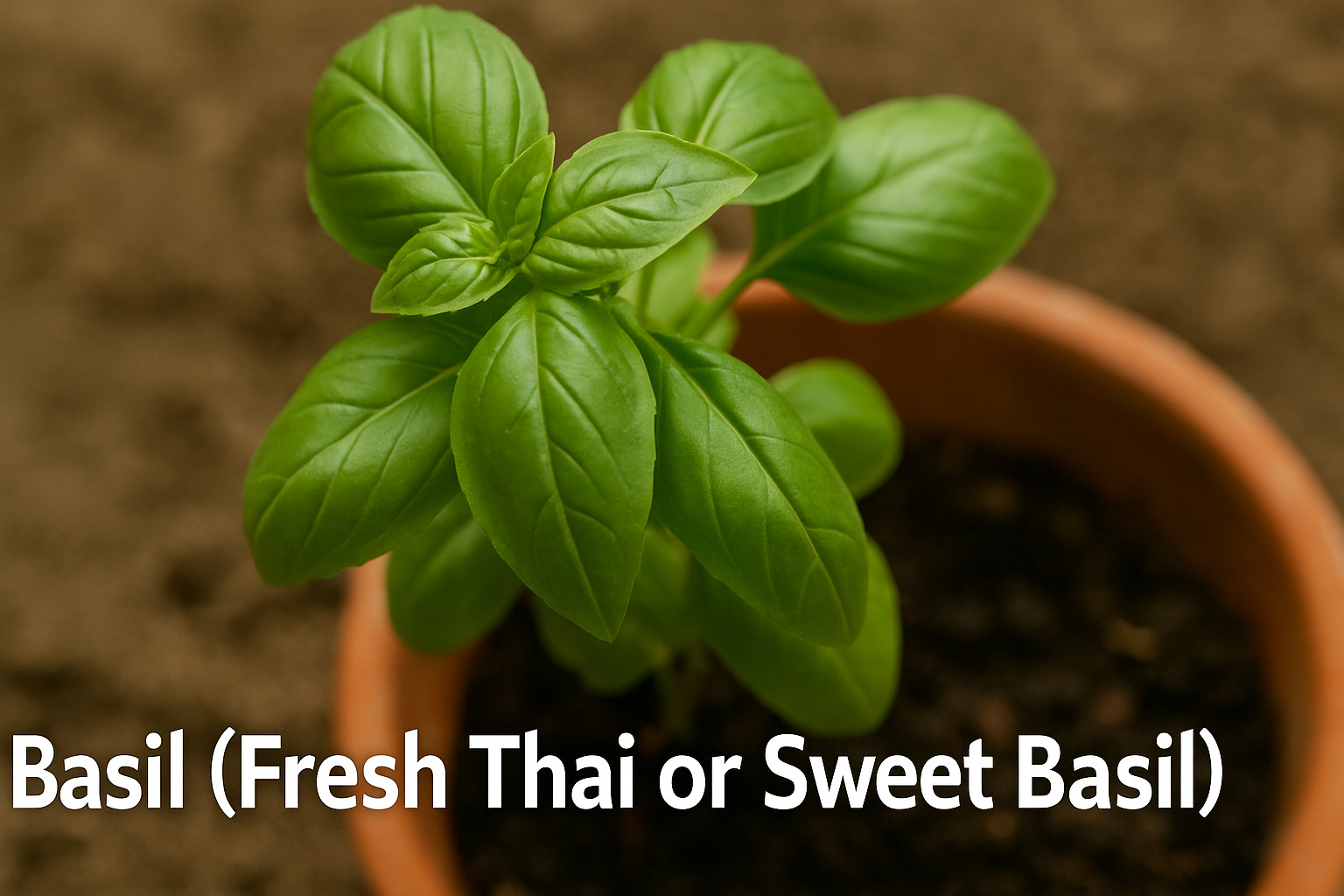 Close-up view of a basil plant (Fresh Thai or Sweet Basil) growing in a terracotta pot, highlighting vibrant green leaves ideal for kitchen herb gardening